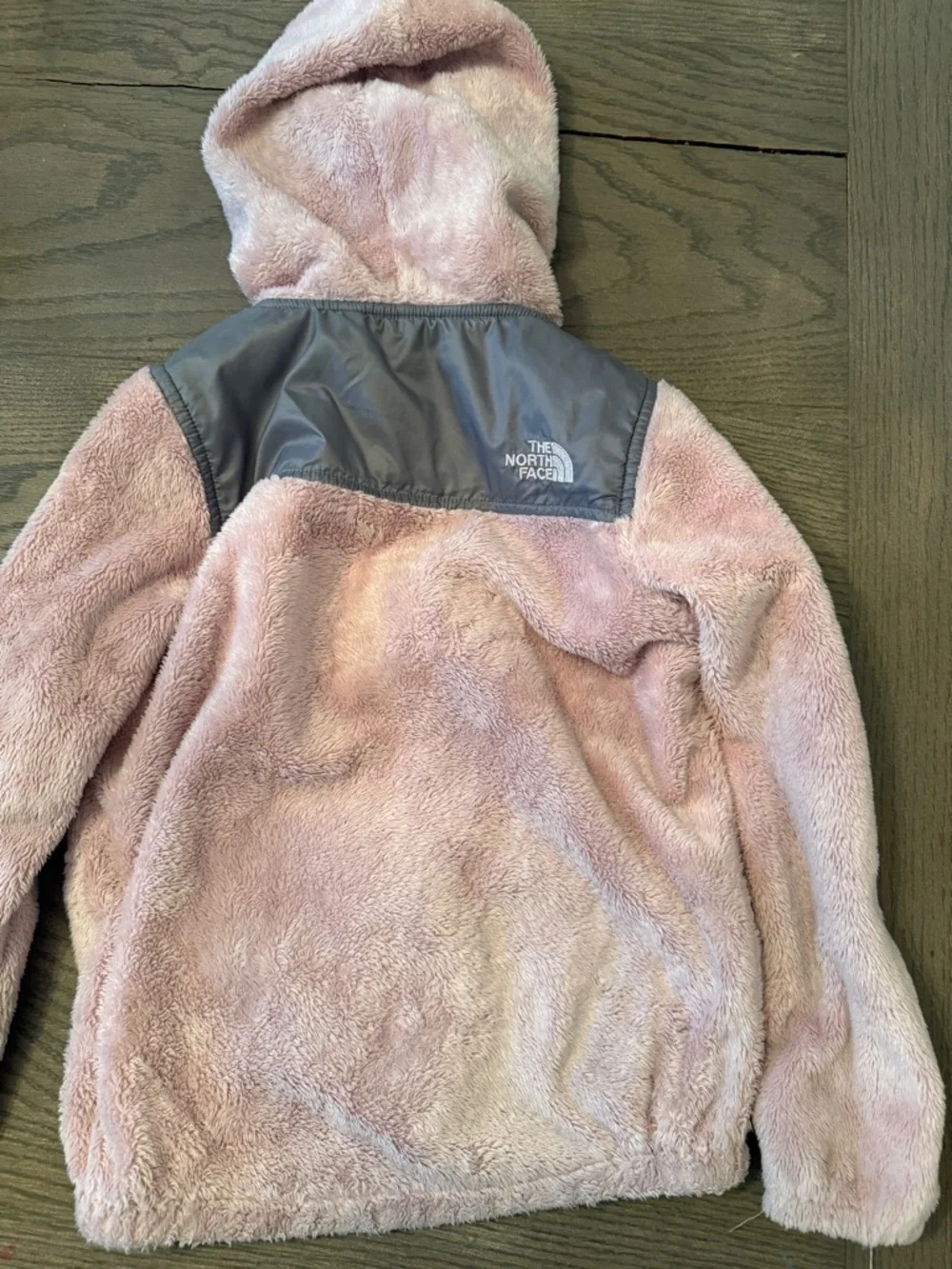 The North Face Kids Pink Hooded Fleece Jacket with Gray Yoke